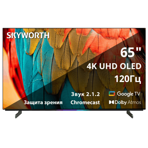 Телевизор 65`` Skyworth / Skyworth 65SXF9800 / 65`` OLED, Ultra HD, Google TV, 900Nit, Bluetooth, 120Hz, Freesync Premium (AMD), 2.1.2 ch (212W+20W SUB+5W2) Dolby Atmos, 4хHDMI, 2хUSB, Digital Audio Output, Composite output, LAN,CI, динамическая подсветка при включении, 2 Pole, ультра-тонкий корпус 3,9мм, 2025