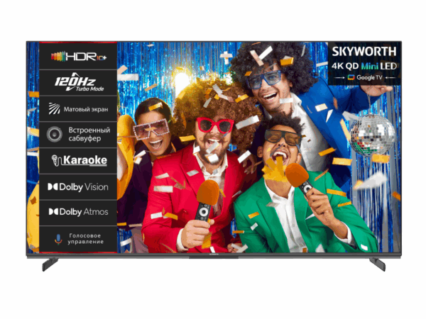 Телевизор ЖК 65`` Skyworth / Skyworth 65X85G / 65", Ultra HD, Mini LED, Matte Screen, 400Nit, Local Dimming Zone 160, Google TV, DVB-T2/C/S2, 2.1.2ch Sound (30W + 20W SUB) Dolby Atmos, 180° звуковое поле, 120Hz, Freesync Premium (AMD), Karaoke Mode, 3 HDMI, 2 USB, Digital Audio Output, LAN, Composite output, Выход для наушников, 2 Pole, 2025