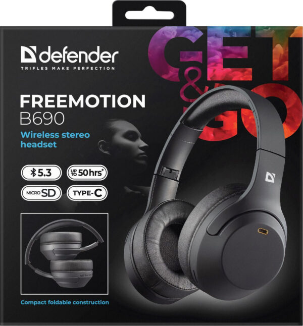 Гарнитура накладные Defender FreeMotion B690 черный беспроводные bluetooth накладные (63690)