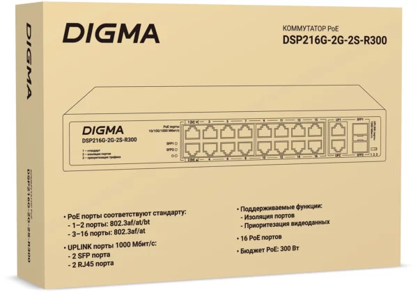 Коммутатор Digma DSP216G-2G-2S-R300 (L2) 18x1Гбит/с 2SFP 16PoE 16PoE+ 2PoE++ 300W неуправляемый