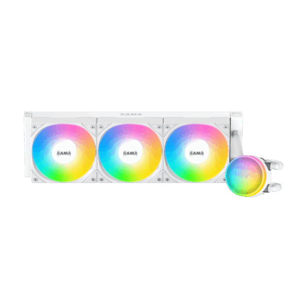 Водяное охлаждение для процессора / SAMA L60 White L60-WHWAYXO3-G / Водяное охлаждение для процессора/ Water Cooling System SAMA L60 White (360mm, White, ARGB/ Fans 3x120mm, 82.79CFM, 29dBA, 2000RPM/ Pump height 52mm, 29dBA, 2500RPM, Rad thickness 27mm/ S 1851, 1700, 1200, 20XX, 115X, AM5, AM4)