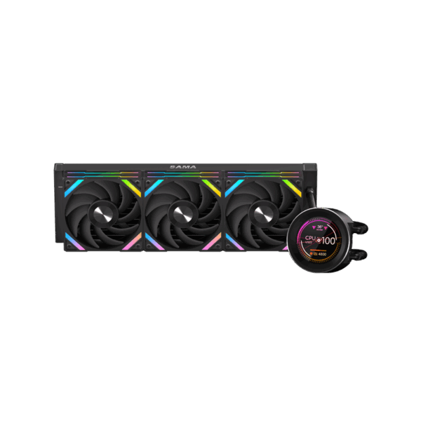 Водяное охлаждение для процессора / SAMA Q60 Black Q60-BKWANNO3-G / Водяное охлаждение для процессора/ Water Cooling System SAMA Q60 Black (360mm, LED temp., Black, ARGB/ Fans 3x120mm, 86CFM, 30dBA, 2600RPM/ Pump height 64mm, 30dBA, 2800RPM, Rad thickness 27mm/ S 1851, 1700, 1200, 20XX, 115X, AM5, AM4)