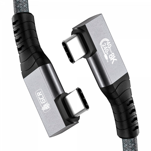Кабель / GreenConnect GCR-57134 / GCR PRO Кабель USB4 Type-C, 2.0m, угловой, 40Gbps, 240W, 8K60Hz, M/M, разъемы Г-образные, боковые, текстиль, серый, GCR-57134
