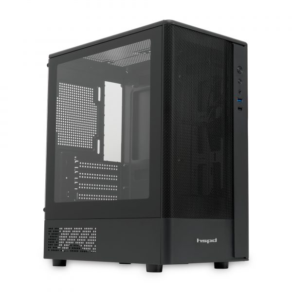 Корпус без блока питания / HSPD M332-TGBK / Корпус без блока питания/ Case HSPD M332, Mesh Mini-tower, Black, TG, 0.4 SPCC, no fans, mATX, mITX, 160/285/170mm, 1x2.5", 1x3.5", 4xPCI, 1xUSB-A 3.0, 1xUSB-A 1.0, 387x197x325mm