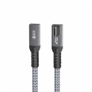 Кабель / GreenConnect GCR-57139 / GCR PRO Удлинитель USB4 Type-C, 0.2m, угловой, 40Gbps, 240W, 8K60Hz, M/F, штекер Г-образный боковой (по центру корпуса), текстиль, серый, GCR-57139