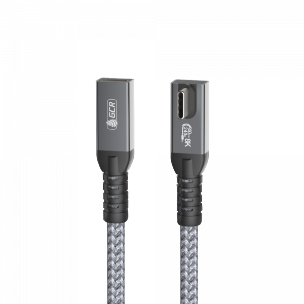 Кабель / GreenConnect GCR-57139 / GCR PRO Удлинитель USB4 Type-C, 0.2m, угловой, 40Gbps, 240W, 8K60Hz, M/F, штекер Г-образный боковой (по центру корпуса), текстиль, серый, GCR-57139