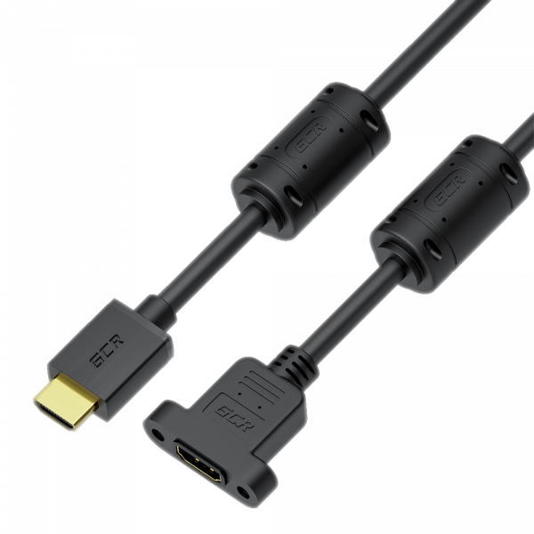 Кабель / GreenConnect GCR-56016 / GCR PRO Удлинитель PROF 5.0m HDMI-HDMI v2.0, M/F крепление под винт, фер. кольца, 4K 60Hz, HDR, 18 Гбит/c, черный, 3X экран c армированиемм, ферриты, GCR-56016