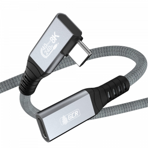 Кабель / GreenConnect GCR-57136 / GCR PRO Удлинитель USB4 Type-C, 0.2m, угловой, 40Gbps, 240W, 8K60Hz, M/F, штекер Г-образный боковой, текстиль, серый, GCR-57136