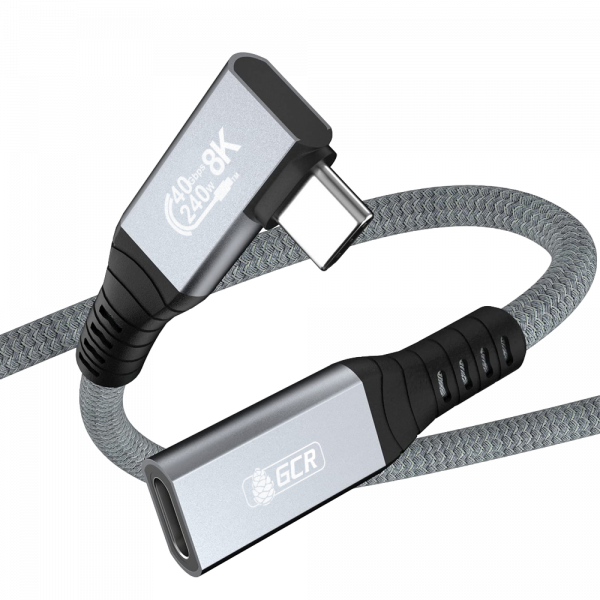 Кабель / GreenConnect GCR-57136 / GCR PRO Удлинитель USB4 Type-C, 0.2m, угловой, 40Gbps, 240W, 8K60Hz, M/F, штекер Г-образный боковой, текстиль, серый, GCR-57136