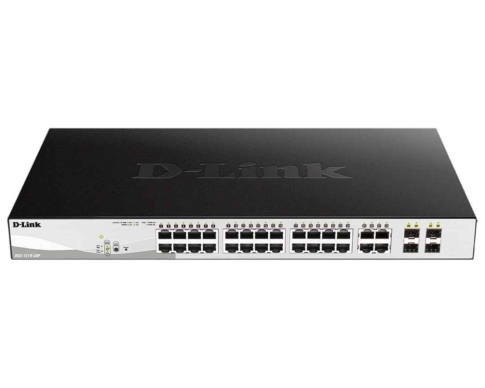 Коммутатор / D-Link DGS-1210-28P/FL2A / Коммутатор/ Управляемый L2 PoE-коммутатор, 24x1000Base-T PoE, 4xCombo 1000Base-T/SFP, PoE-бюджет 193 Вт, защита от статического электричества до 6 кВ, CLI