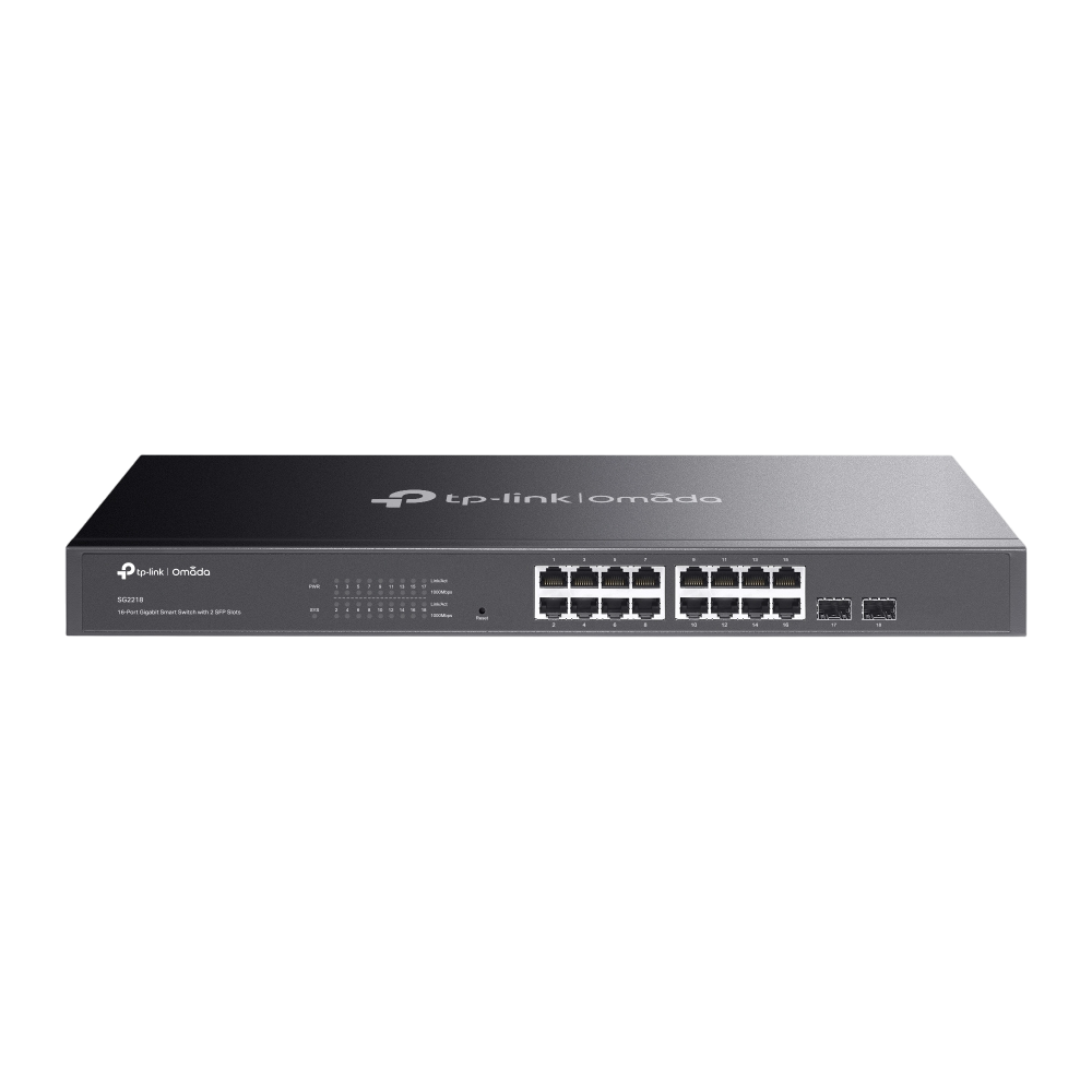 Коммутатор / TP-Link SG2218 / Коммутатор/ Jetstream 16-port gigabit smart switch with 2-gigabit uplink ports, 16 10/100/1000Mbps RJ-45 ports, 2 1000Mbps SFP slots, abundant L2/L2+ features, rack-mountable, support Omada SDN mode and individual mode