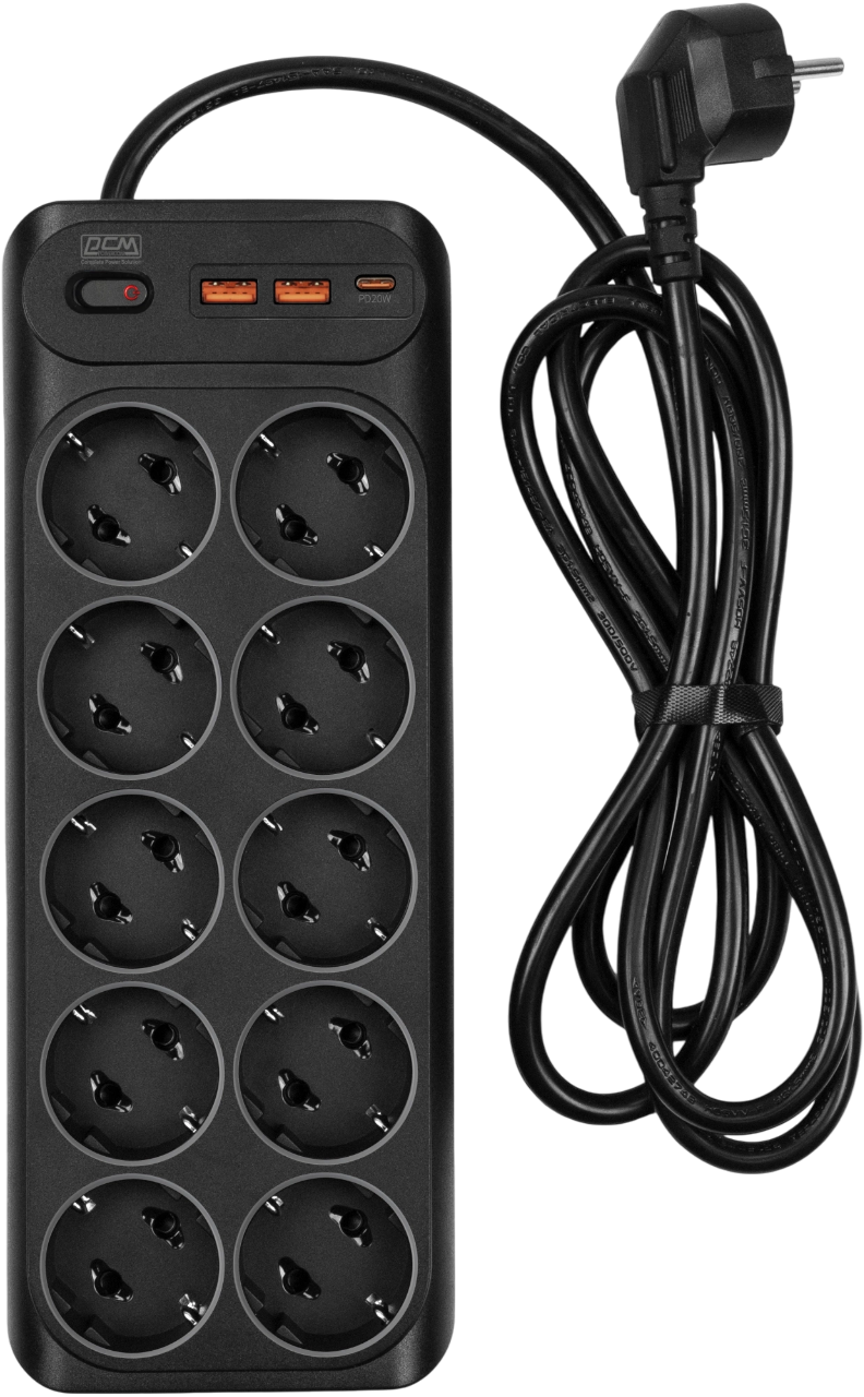 Сетевой фильтр-удлинитель / PowerCom SP-10 USB2A1CB / Сетевой фильтр-удлинитель/ PowerCom SP-10 USB2A1CB 1.8M, 10 розеток, черный, 16А, 4кВт, 204Дж, защитные шторки, защита от КЗ, перегрузки и импульсных помех, один порт USB-C(PD20W) и два USB-A(QC3.0) суммарной мощностью 15Вт, кабель 3x1 мм2, ШхГхВ 268х105х43 мм, вес 0.65 кг.