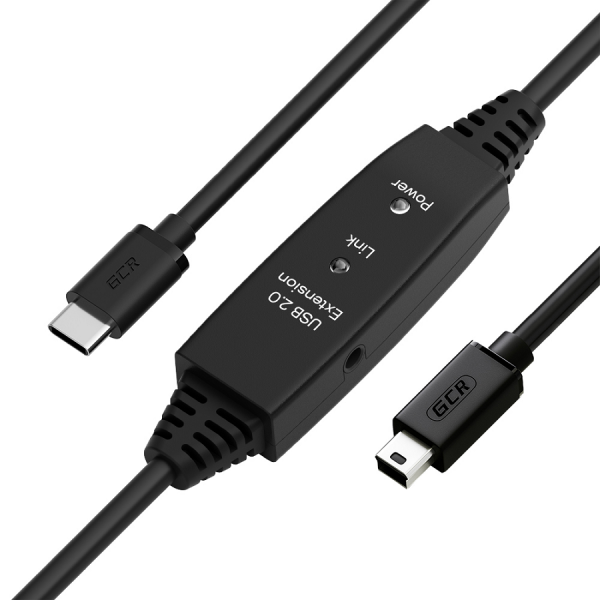 Кабель / GCR-57382 GreenConnect / GCR PRO Кабель активный 5.0m TypeC / Mini 5P USB 2.0, с усилителем сигнала, разъём для доп.питания, черный, 28/24 AWG, GCR-57382