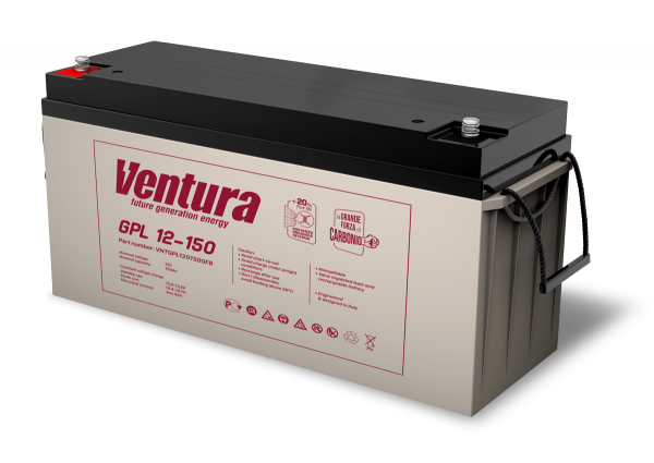 Батарея Ventura серия GPL, GPL12-150, напряжение 12B, емкость 155Ач (разряд 20 часов), макс. ток заряда 45А, свинцово-кислотная типа AGM, клеммы F8, ДШВ 483х170х240мм, вес 42кг / Ventura GPL12-150 / Батарея Ventura серия GPL, GPL12-150, напряжение 12B, емкость 155Ач (разряд 20 часов), макс. ток заряда 45А, свинцово-кислотная типа AGM, клеммы F8, ДШВ 483х170х240мм, вес 42кг/ Ventura battery GPL series, GPL12-150, voltage 12V, capacity 155Ah (discharge 20 hours), max. charging current 45A, lead-acid type AGM, terminals F8, LxWxH 483x170x240mm, weight 42kg