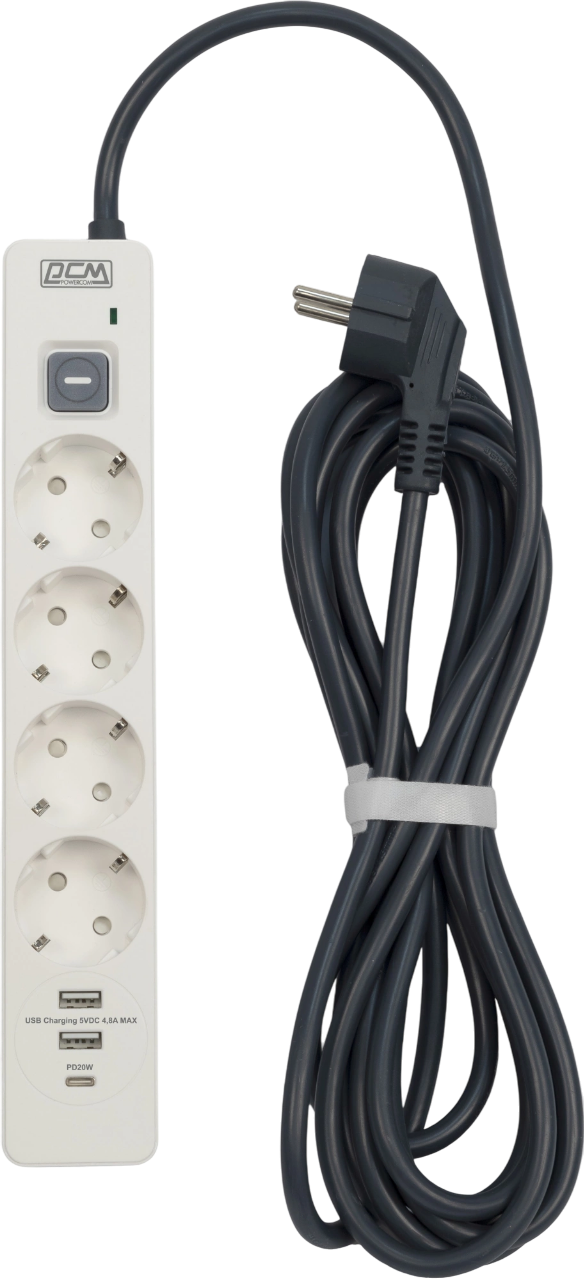 Сетевой фильтр-удлинитель / PowerCom SP-01 USB2A1CW 3.0M / Сетевой фильтр-удлинитель/ PowerCom SP-01 USB2A1CW 3.0M, 4 розетки, белый, 16А, 4кВт, 380Дж, защитные шторки, защита от КЗ, перегрузки, ВЧ и импульсных помех, один порт USB-C(PD20W) и два USB-A(QC3.0) суммарной мощностью 24Вт, кабель 3x1.5 мм2, ШхГхВ 281х48х40.3 мм, вес 0.55 кг.