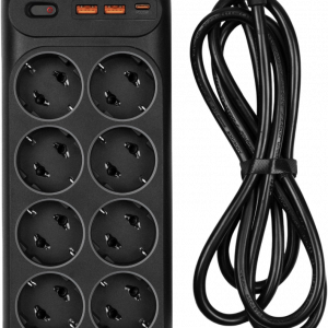 Сетевой фильтр-удлинитель / PowerCom SP-10 USB2A1CB 3.0M / Сетевой фильтр-удлинитель/ PowerCom SP-10 USB2A1CB 3.0M, 10 розеток, черный, 16А, 4кВт, 204Дж, защитные шторки, защита от КЗ, перегрузки и импульсных помех, один порт USB-C(PD20W) и два USB-A(QC3.0) суммарной мощностью 15Вт, кабель 3x1.5 мм2, ШхГхВ 268х105х43 мм, вес 0.77 кг.
