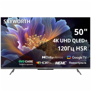 Телевизор ЖК 50`` Skyworth / Skyworth 50Q66H / 50", Ultra HD, QLED, 300Nit, Google TV, DVB-T2/C/S2, 2.0 ch Sound 10W2 Dolby Atmos, 120Hz, 3 HDMI, 2 USB, Digital Audio Output, LAN, Composite output, CI, Выход для наушников, 2 Pole, 2025