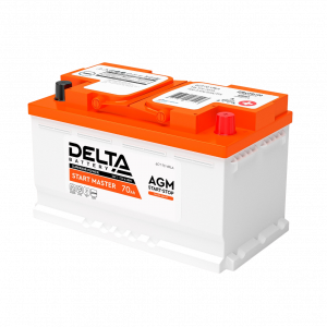 Аккумуляторная батарея для автомобилей / Delta DELTA START MASTER 70 Ah AGM / Аккумуляторная батарея для автомобилей/ DELTA серия START MASTER, DELTA START MASTER 70 Ah AGM, напряжение 12В, емкость 70 Ач (разряд 20 часов; 10.5В), пусковой ток 720А, полярность обратная ( - +), тип AGM;Pb (свинцово-кислотный), клеммы Euro 1, ДxШxВ 278x175x190мм., вес 21кг