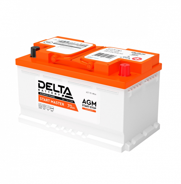 Аккумуляторная батарея для автомобилей / Delta DELTA START MASTER 70 Ah AGM / Аккумуляторная батарея для автомобилей/ DELTA серия START MASTER, DELTA START MASTER 70 Ah AGM, напряжение 12В, емкость 70 Ач (разряд 20 часов; 10.5В), пусковой ток 720А, полярность обратная ( - +), тип AGM;Pb (свинцово-кислотный), клеммы Euro 1, ДxШxВ 278x175x190мм., вес 21кг