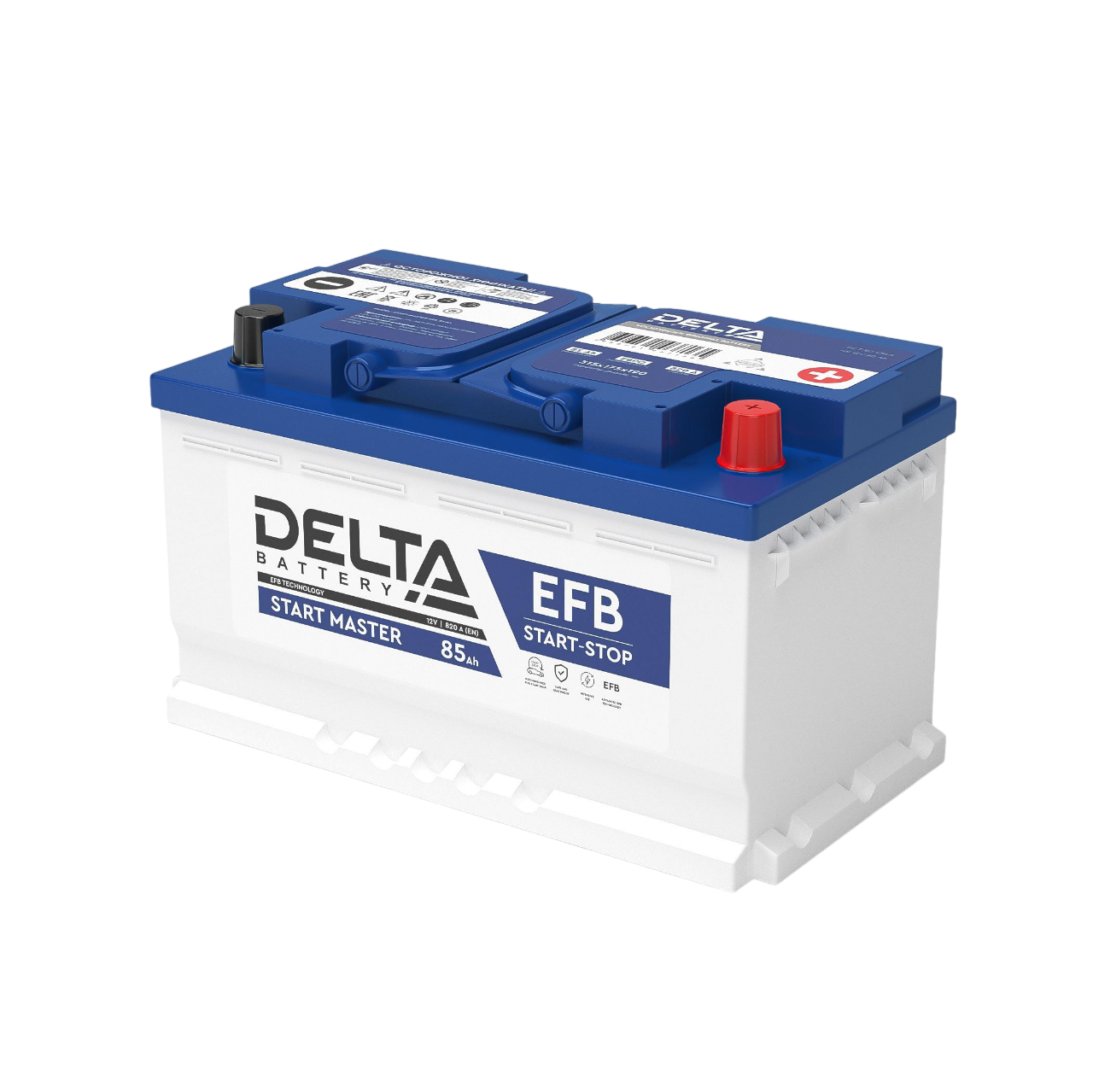 Аккумуляторная батарея для автомобилей / DELTA START MASTER 85 Ah EFB / Аккумуляторная батарея для автомобилей/ DELTA серия START MASTER, DELTA START MASTER 85 Ah EFB, напряжение 12В, емкость 85 Ач (разряд 20 часов; 10.5В), пусковой ток 820А, полярность обратная ( - +), тип EFB;Pb (свинцово-кислотный), клеммы Болт, ДxШxВ 315x175x190мм., вес 22кг