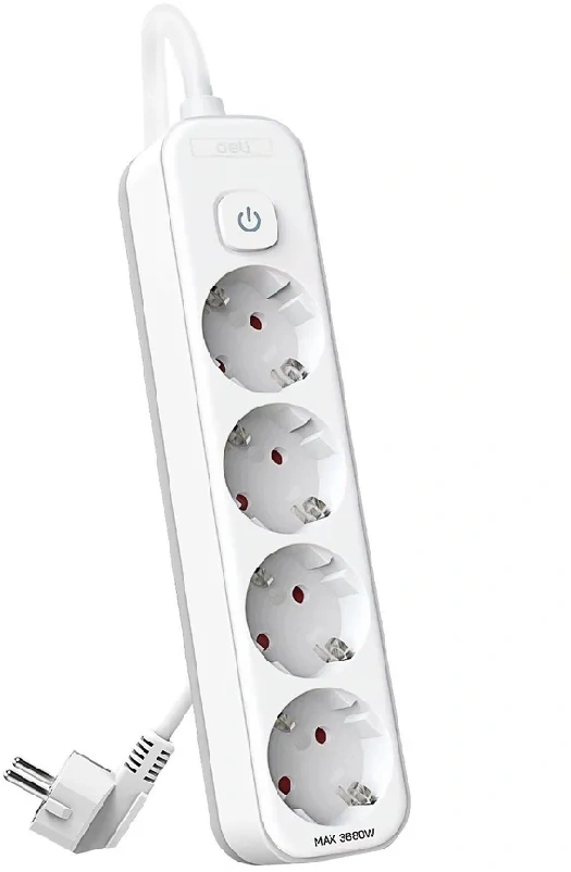 Сетевой фильтр Deli ET434 1.8м (4 розетки) белый (пакет ПЭ)