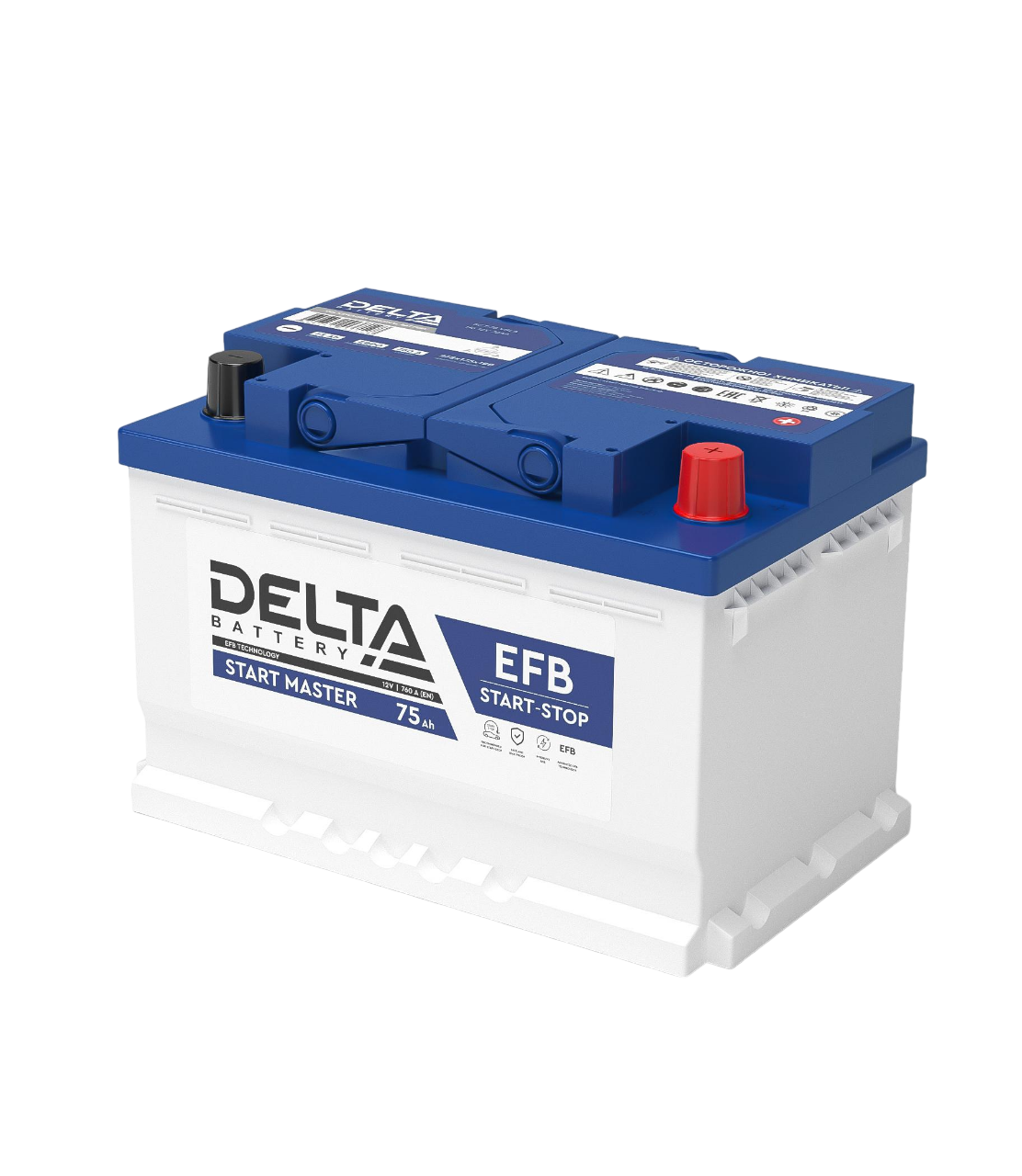 Аккумуляторная батарея для автомобилей / DELTA START MASTER 75 Ah EFB / Аккумуляторная батарея для автомобилей/ DELTA серия START MASTER, DELTA START MASTER 75 Ah EFB, напряжение 12В, емкость 75 Ач (разряд 20 часов; 10.5В), пусковой ток 700А, полярность обратная ( - +), тип EFB;Pb (свинцово-кислотный), клеммы Конус, ДxШxВ 278x175x190мм., вес 19,1кг