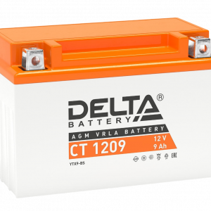 Аккумуляторная батарея для мото-техники / Delta CT 1209 / Аккумуляторная батарея для мото-техники/ DELTA серия CT, CT 1209, напряжение 12В, емкость 9 Ач (разряд 10 часов 10.5 В), пусковой ток 135А, полярность обратная ( - +), тип AGM;Pb (свинцово-кислотный), клеммы BN под болт, ДxШxВ 150x86x108мм., вес 3кг