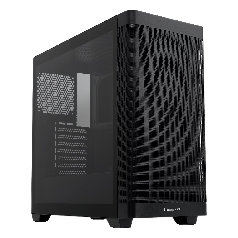 Корпус без блока питания / HSPD M740-TGBK / Корпус без блока питания/ Case HSPD M740, Mesh Mid Tower, Black, TG, 0.6 SPCC, no fans, E-ATX, ATX, mATX, mITX, 170/400/200mm, 4x2.5", 2x3.5", 7xPCI, 1xUSB-A 3.0, 1xUSB-C 3.0, 460x218x450mm