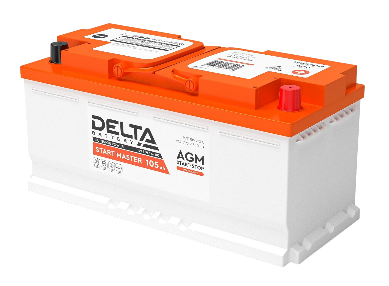 Аккумуляторная батарея для автомобилей / Delta START MASTER 105 Ah AGM / Аккумуляторная батарея для автомобилей/ DELTA серия START MASTER, DELTA START MASTER 105 Ah AGM, напряжение 12В, емкость 105 Ач (разряд 20 часов; 10.5В), пусковой ток 950А, полярность обратная ( - +), тип AGM;Pb (свинцово-кислотный), клеммы Euro 1, ДxШxВ 394x175x190мм., вес 28,5кг