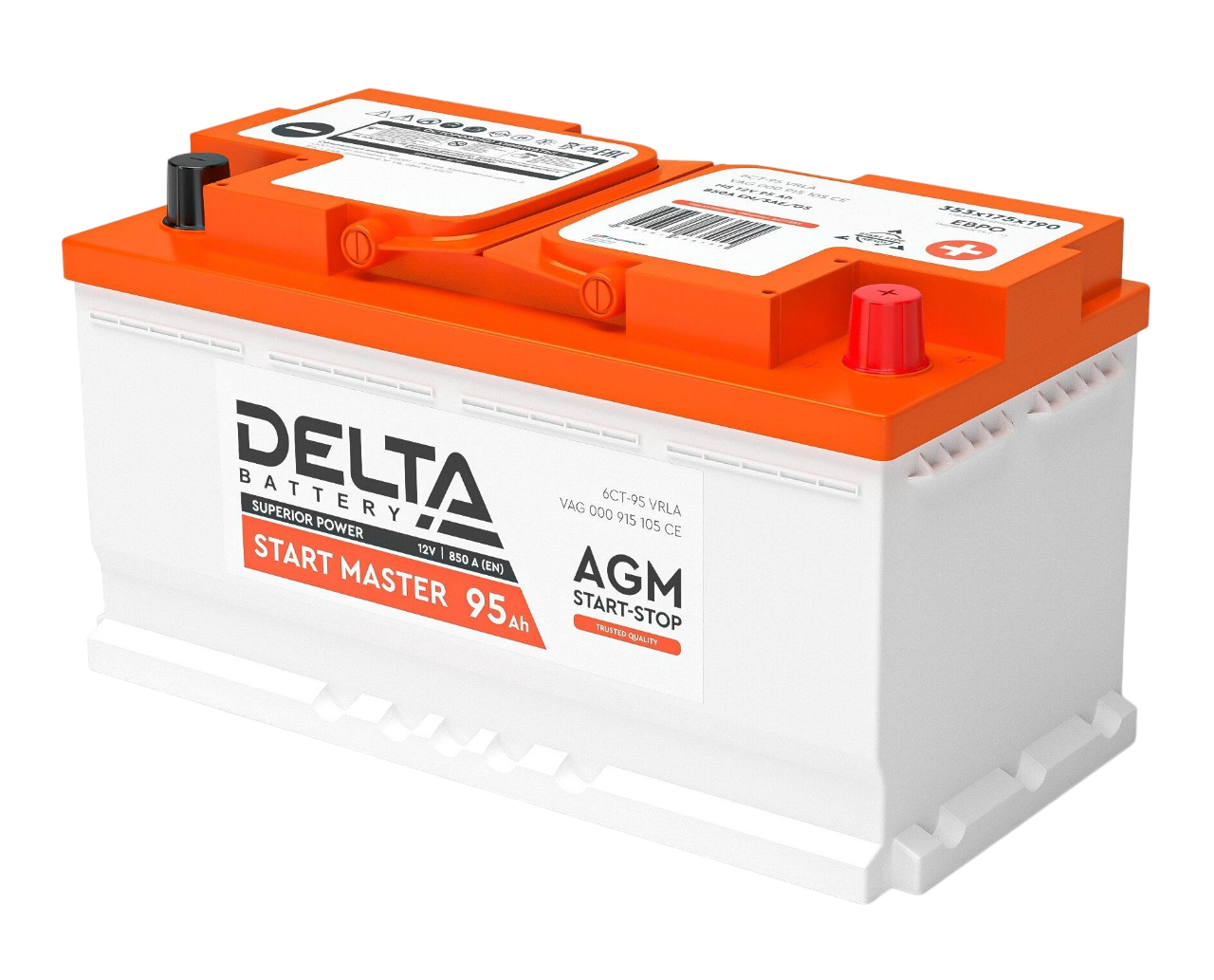Аккумуляторная батарея для автомобилей / Delta START MASTER 95 Ah AGM / Аккумуляторная батарея для автомобилей/ DELTA серия START MASTER, DELTA START MASTER 95 Ah AGM, напряжение 12В, емкость 95 Ач (разряд 20 часов; 10.5В), пусковой ток 850А, полярность обратная ( - +), тип AGM;Pb (свинцово-кислотный), клеммы Euro 1, ДxШxВ 353x175x190мм., вес 25кг