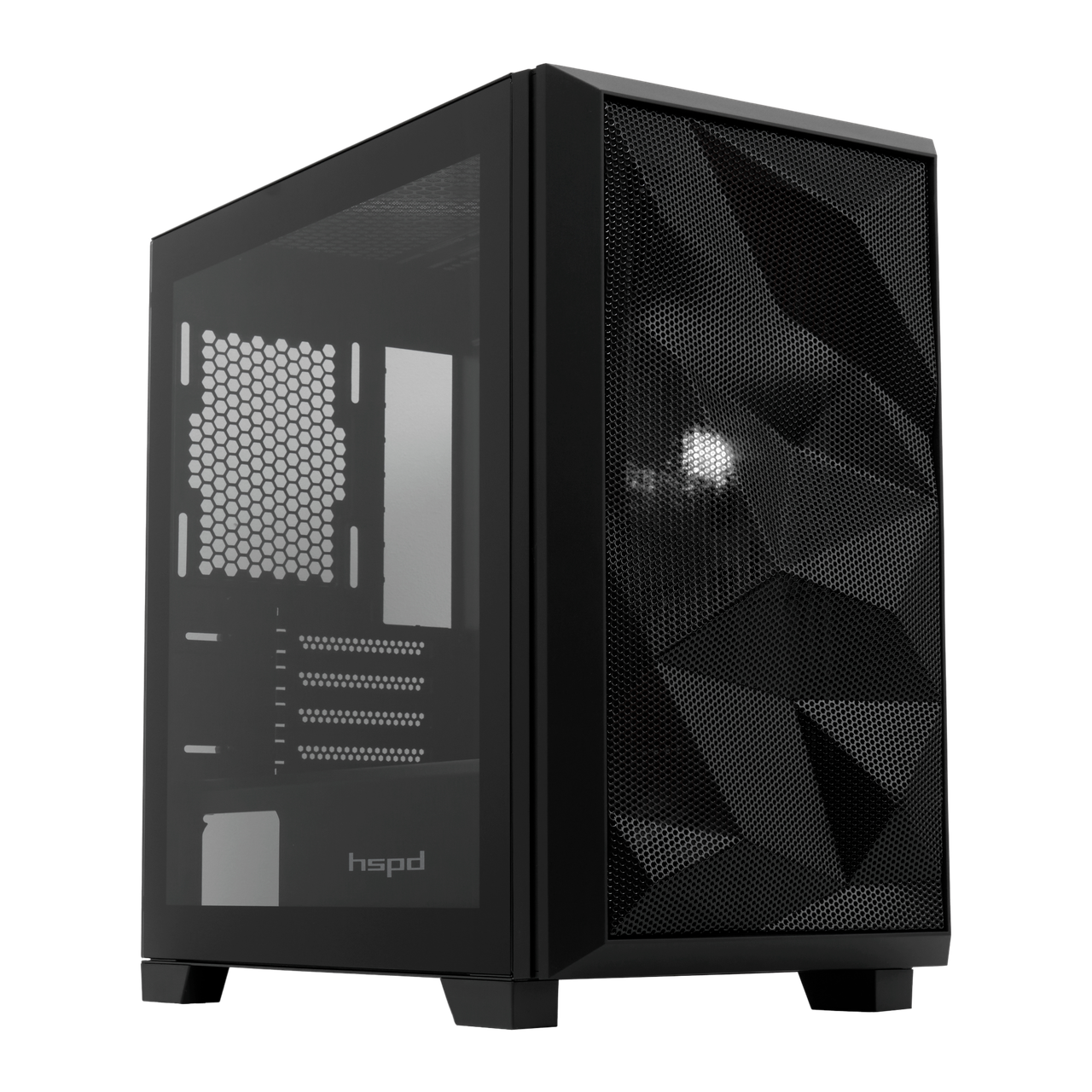Корпус без блока питания / HSPD M340-TGBK / Корпус без блока питания/ Case HSPD M340, Mesh Mid Tower, Black, TG, 0.5 SPCC, no fans, mATX, mITX, 165/350/200mm, 2x2.5", 2x3.5", 4xPCI, 1xUSB-A 3.0, 2xUSB-A 2.0, 415x220x410mm