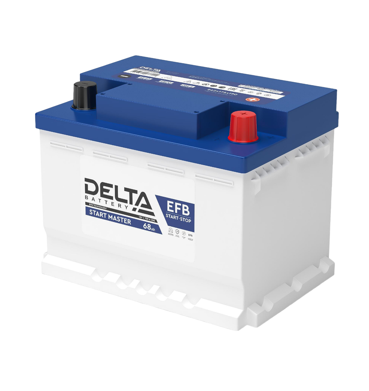 Аккумуляторная батарея для автомобилей / DELTA START MASTER 68 Ah EFB / Аккумуляторная батарея для автомобилей/ DELTA серия START MASTER, DELTA START MASTER 68 Ah EFB, напряжение 12В, емкость 68 Ач (разряд 20 часов; 10.5В), пусковой ток 700А, полярность обратная ( - +), тип EFB;Pb (свинцово-кислотный), клеммы Конус, ДxШxВ 242x175x190мм., вес 17кг
