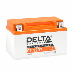 Аккумуляторная батарея для мото-техники / Delta CT 1207 / Аккумуляторная батарея для мото-техники/ DELTA серия CT, CT 1207, напряжение 12В, емкость 7 Ач (разряд 10 часов 10.5 В), пусковой ток 105А, полярность обратная ( - +), тип AGM;Pb (свинцово-кислотный), клеммы BN под болт, ДxШxВ 150x86x94мм., вес 2,4кг
