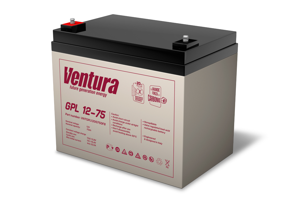 Батарея Ventura серия GPL, GPL12-75, напряжение 12B, емкость 77Ач (разряд 20 часов), макс. ток заряда 18.75А, свинцово-кислотная типа AGM, клеммы F6, ДШВ 260х168х217мм, вес 21.5кг / Ventura GPL12-75 / Батарея Ventura серия GPL, GPL12-75, напряжение 12B, емкость 77Ач (разряд 20 часов), макс. ток заряда 18.75А, свинцово-кислотная типа AGM, клеммы F6, ДШВ 260х168х217мм, вес 21.5кг/ Ventura battery GPL series, GPL12-75, voltage 12V, capacity 77Ah (discharge 20 hours), max. charging current 18.75A, lead-acid type AGM, terminals F6, LxWxH 260x168x217mm, weight 21.5kg