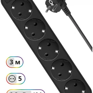 Удлинитель с заземлением Defender M530 3.0 м, 5 розеток, черный / Defender 99330 / Удлинитель с заземлением Defender M530 3.0 м, 5 розеток, черный/ Power supply grounded Defender M530 3.0 m, 5 outlets, black