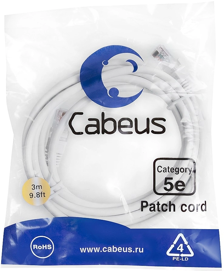 Патч-корд Cabeus PC-UTP-RJ45-CAT.5E-3M-WH-LSZH U/UTP RJ-45 вил.-вилка RJ-45 кат.5E 3м белый LSZH
