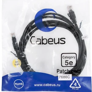 Патч-корд Cabeus PC-UTP-RJ45-CAT.5E-3M-BK U/UTP RJ-45 вил.-вилка RJ-45 кат.5E 3м черный ПВХ