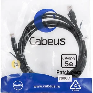 Патч-корд Cabeus PC-UTP-RJ45-CAT.5E-3M-BK-LSZH U/UTP RJ-45 вил.-вилка RJ-45 кат.5E 3м черный LSZH