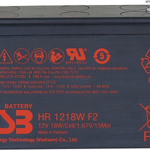 Батарея CSB серия HR, HR1218W F2, напряжение 12В, емкость 4.5Ач (разряд 20 часов), 18 Вт/Эл при 15-мин. разряде до U кон. - 1.67 В/Эл при 25 °С, макс. ток разряда (5 сек.) 130А, макс. ток заряда 1.8A, свинцово-кислотная типа AGM, клеммы F2, ДxШxВ 150.9x51 / CSB HR 1218W F2 / Батарея CSB серия HR, HR1218W F2, напряжение 12В, емкость 4.5Ач (разряд 20 часов), 18 Вт/Эл при 15-мин. разряде до U кон. - 1.67 В/Эл при 25 °С, макс. ток разряда (5 сек.) 130А, макс. ток заряда 1.8A, свинцово-кислотная типа AGM, клеммы F2, ДxШxВ 150.9x51/ Battery CSB series HR, HR1218W F2, voltage 12V, capacity 18 W/C at 15 min. discharge to U fin. - 1.67 V/Cel at 25°C, (discharge 20 hours), max. discharge current (5 sec.) 130A, max. charge current 1.8A, lead-acid type AGM, terminals F2, LxWxH