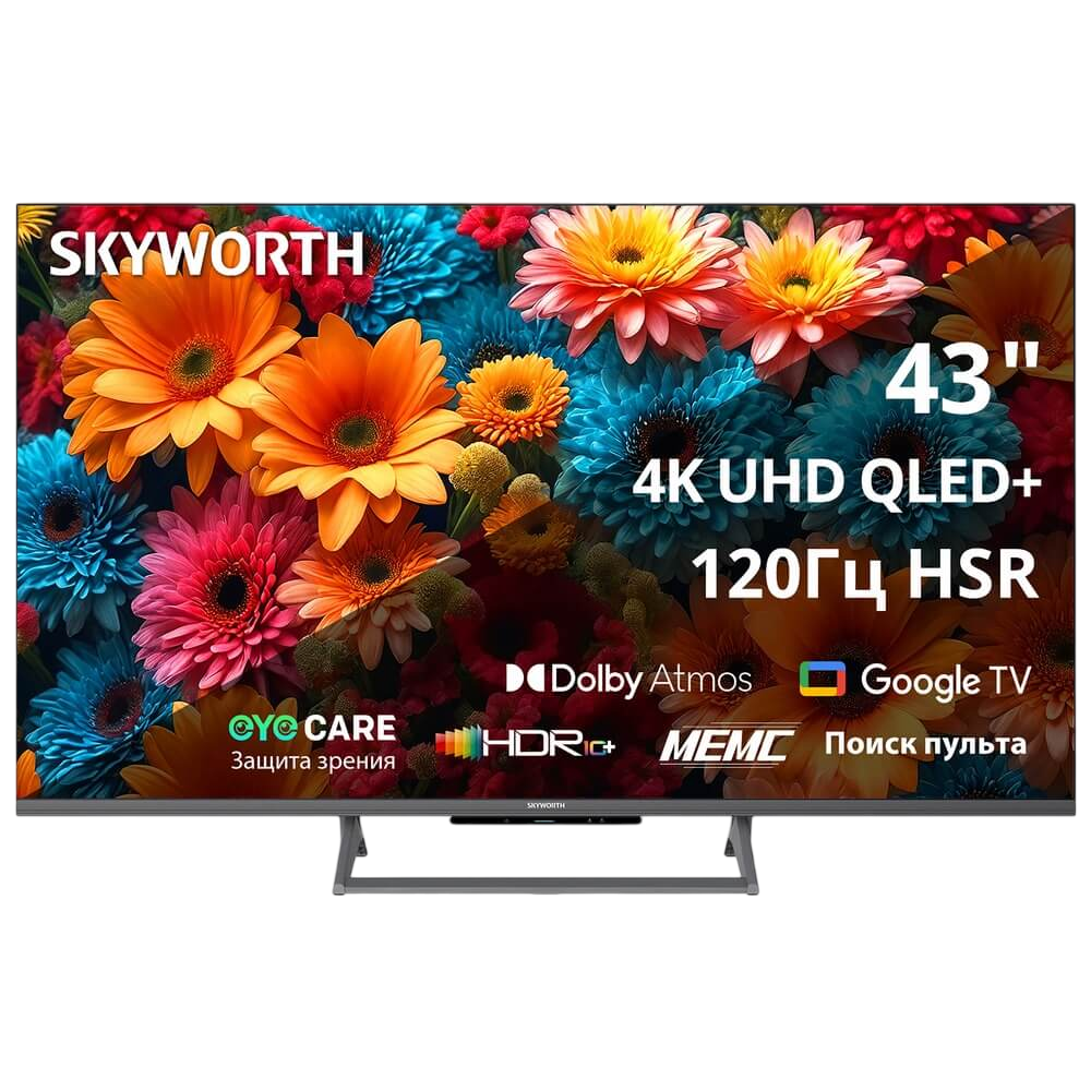 Телевизор ЖК 43`` Skyworth / Skyworth 43Q67H / 43", Ultra HD, QLED, 300Nit, Google TV, DVB-T2/C/S2, 2.0 ch Sound 10W2 Dolby Atmos, 120Hz, 3 HDMI, 2 USB, Digital Audio Output, LAN, Composite output, CI, Выход для наушников, Central stand, 2025