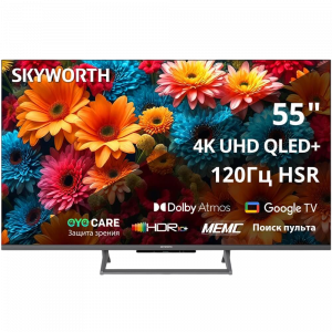 Телевизор ЖК 55`` Skyworth / Skyworth 55Q67H / 55", Ultra HD, QLED, 300Nit, Google TV, DVB-T2/C/S2, 2.0 ch Sound 10W2 Dolby Atmos, 120Hz, 3 HDMI, 2 USB, Digital Audio Output, LAN, Composite output, CI, Выход для наушников, Central stand, 2025
