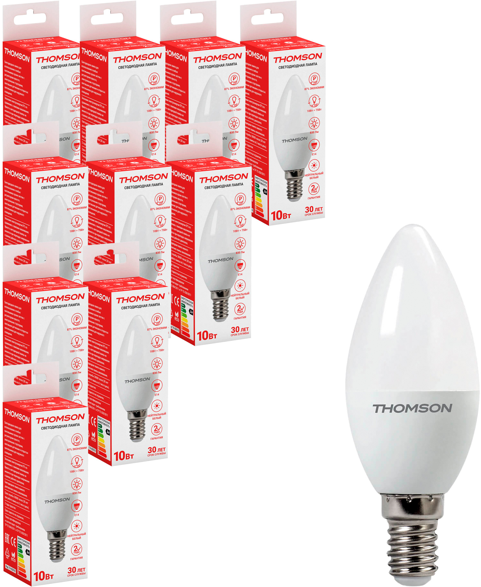 Лампа светодиодная Thomson TH-B2018 10Вт цок.:E14 свеча 220B св.свеч.бел.нейт. Candle (упак.:10шт) (TH-B2018-10)