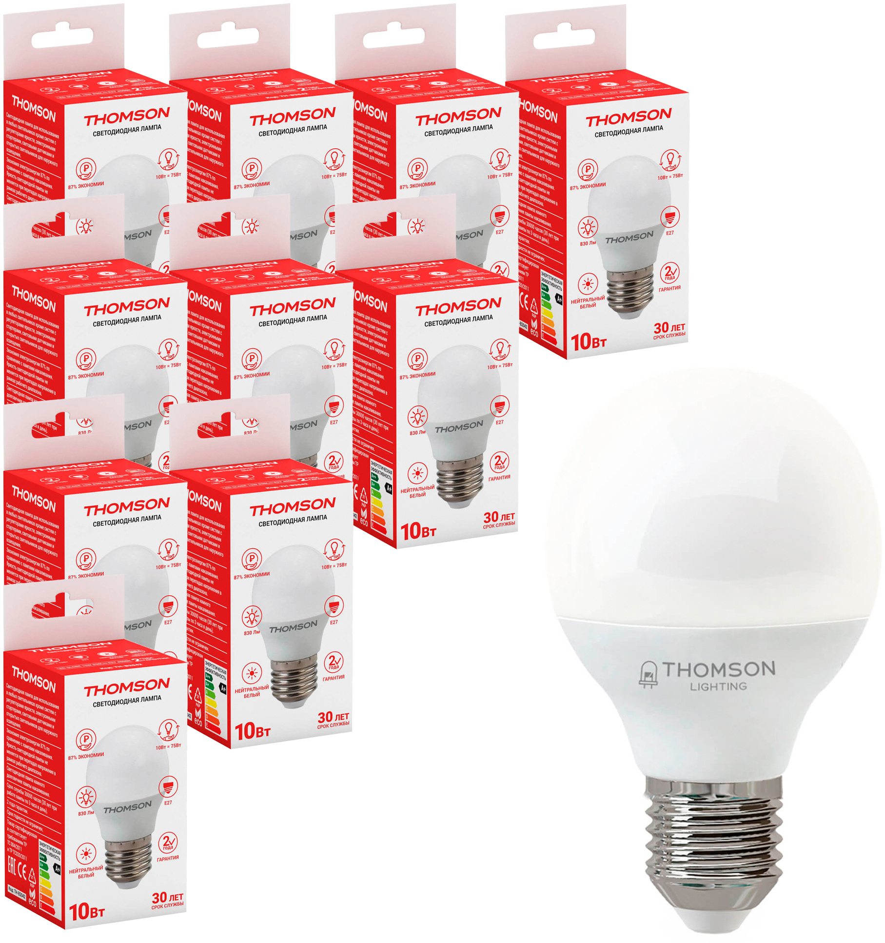 Лампа светодиодная Thomson TH-B2042 10Вт цок.:E27 шар 220B св.свеч.бел.нейт. Globe (упак.:10шт) (TH-B2042-10)