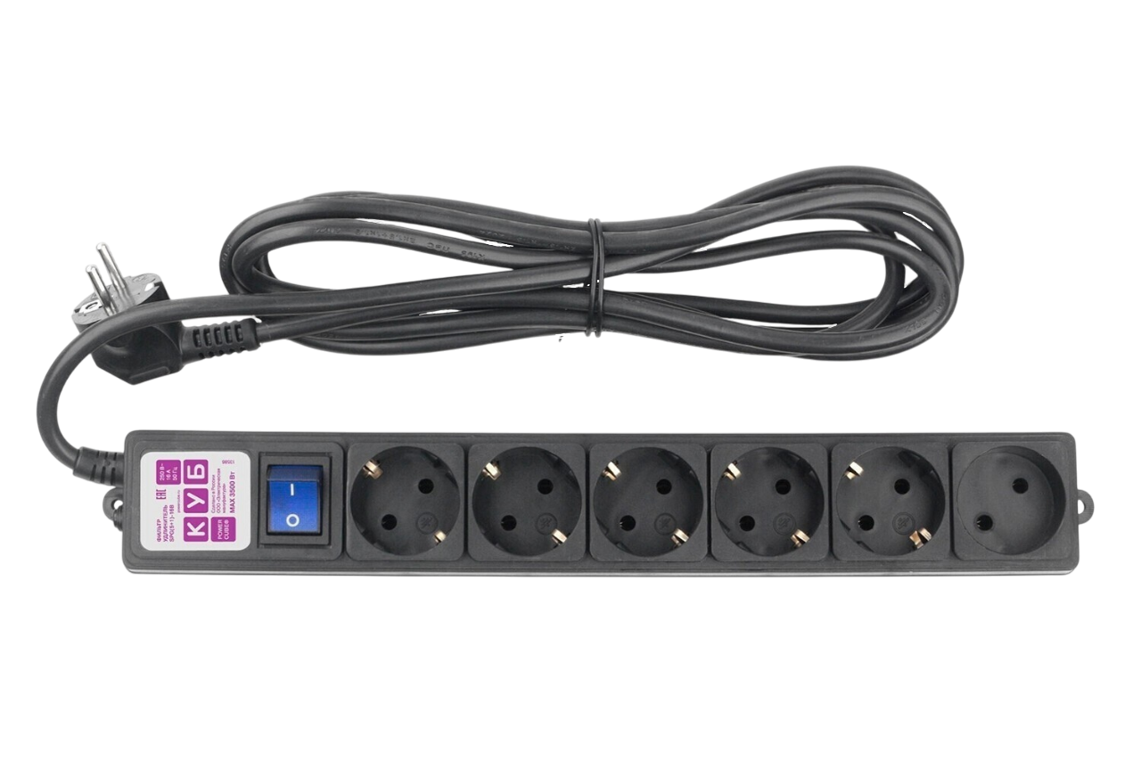 Фильтр-удлинитель Power Cube 3,0 м 6 розеток (5 евро + 1 б/заземления), кабель 31.5мм (черный) 16А/3,5кВт / Электрическая мануфактура SPG6-B1 / Фильтр-удлинитель Power Cube 3,0 м 6 розеток (5 евро + 1 б/заземления), кабель 31.5мм (черный) 16А/3,5кВт/ Power Cube Extension Filter 3.0 m 6 sockets (5 euro + 1 w/o grounding), cable 31.5 mm (black) 16A/3.5 kW