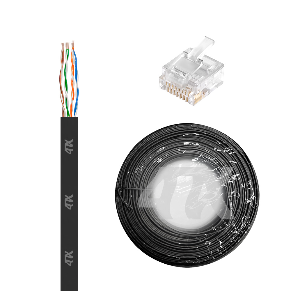 Бухта / 4PH 4PH-R90392 / 4ПХ Кабель LAN витая пара плоский 50m в бухте, кат.6, UTP, медь, многопроволочный, LSZH, черный + Коннектор RJ-45 cat.6 UTP 8p8c 20шт. в комплекте, 4PH-R90392