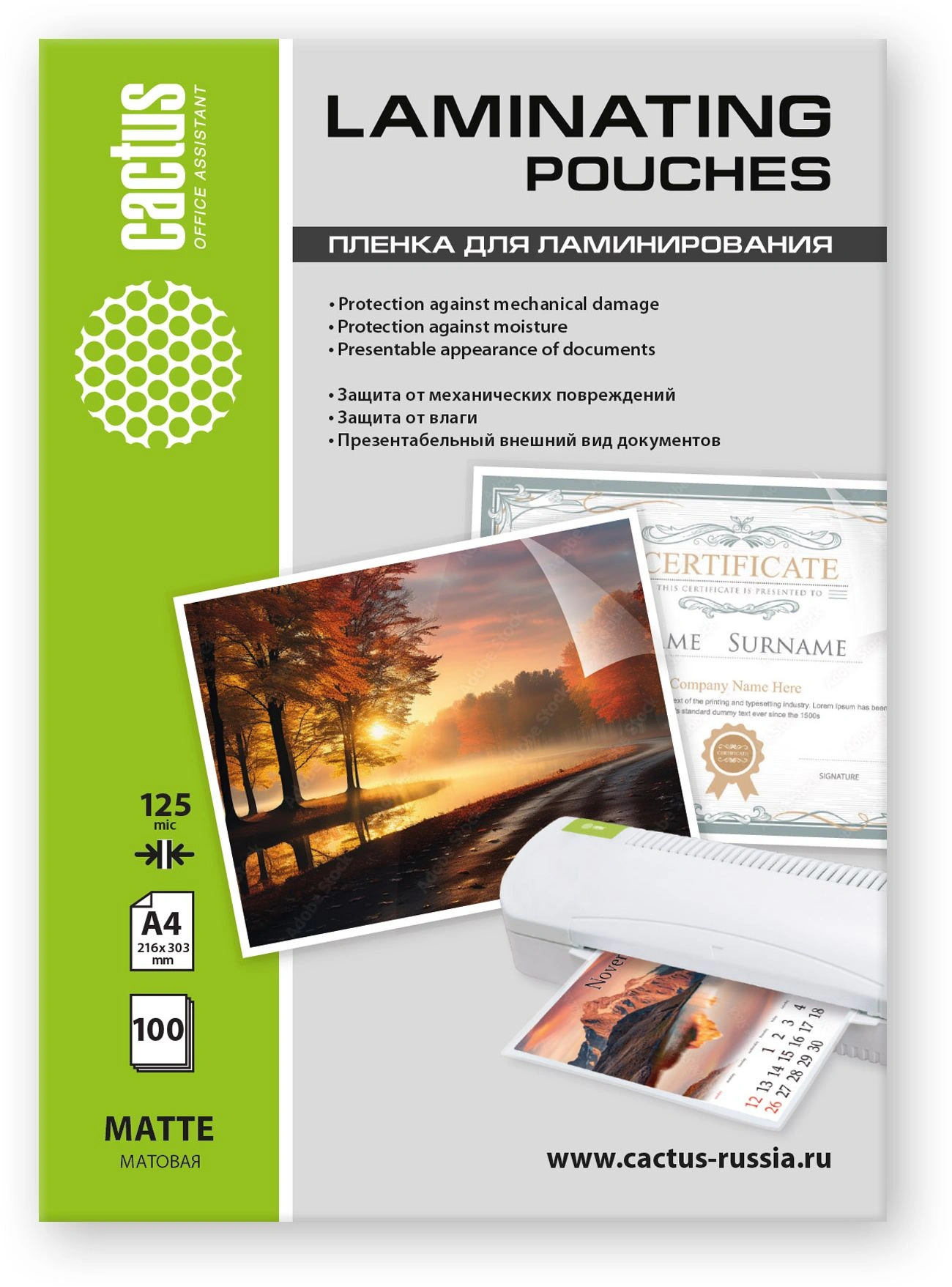 Пленка для ламинирования Cactus 125мкм A4 (100шт) матовая 216x303мм CS-LPMА4125100