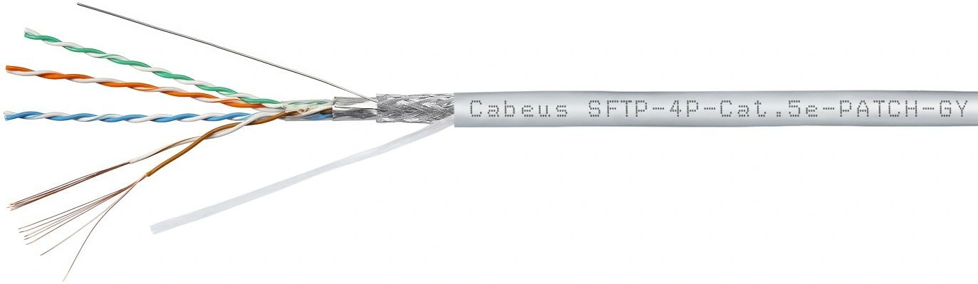 Cabeus SFTP-4P-Cat.5e-PATCH-GY Кабель витая пара экранированная SFTP (SF/UTP), категория 5e, 4 пары, многожильный (305 м), PVC нг(А)-LS