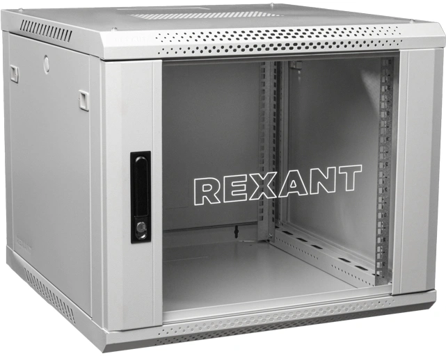 Шкаф коммутационный Rexant (04-0966-111) настенный 9U 63x63.7мм пер.дв.стекл серый