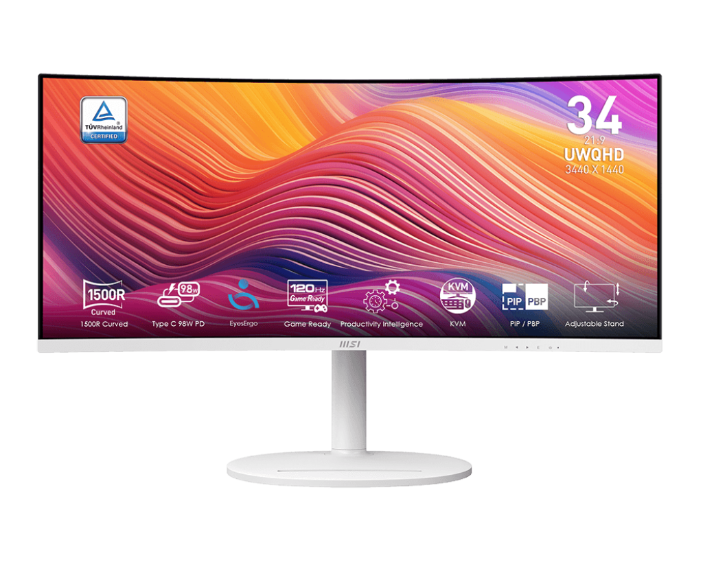 Монитор MSI Modern MD342CQPW 34" 3440x1440, VA, Curved, 120Hz, 4ms, 100M1, 300cd, VGA, HDMI, DP, 3xUSB, Speaker, H. adj, VESA, 1y, White / MSI 9S6-3PC59H-036 / Монитор MSI Modern MD342CQPW 34" 3440x1440, VA, Curved, 120Hz, 4ms, 100M1, 300cd, VGA, HDMI, DP, 3xUSB, Speaker, H. adj, VESA, 1y, White/ MSI Modern MD342CQPW 34" 3440x1440, VA, Curved, 120Hz, 4ms, 100M1, 300cd, VGA, HDMI, DP, 3xUSB, Speaker, H. adj, VESA, 1y, White