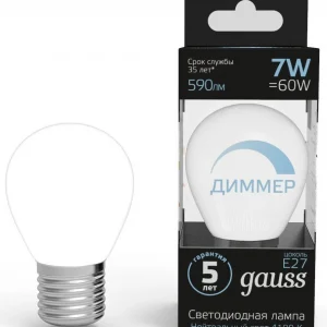 Лампа светодиодная Gauss 7Вт цок.:E27 шар 220B 4100K св.свеч.бел.нейт. (упак.:1шт) (105102207-D)